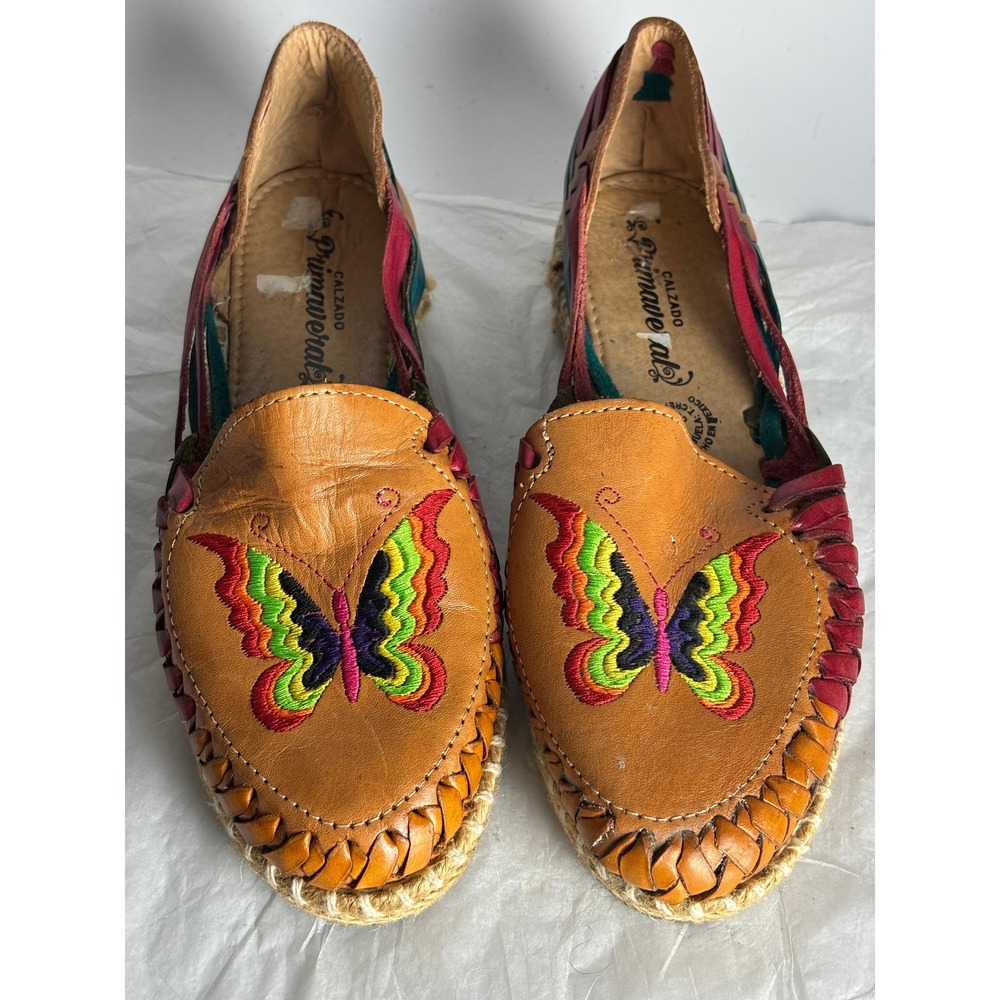 Primaveral Calzado Leather Huarache Flats Embroidered Butterfly Shoes Size 6